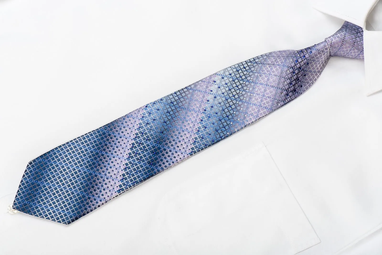 Emprise Men's Crystal Silk Necktie Mauve Blue Geometric With Blue Sparkles