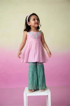 Enchanted Meadow- Orchid Pink Hand Embroidered Kurta with Mint Sharara for Girls