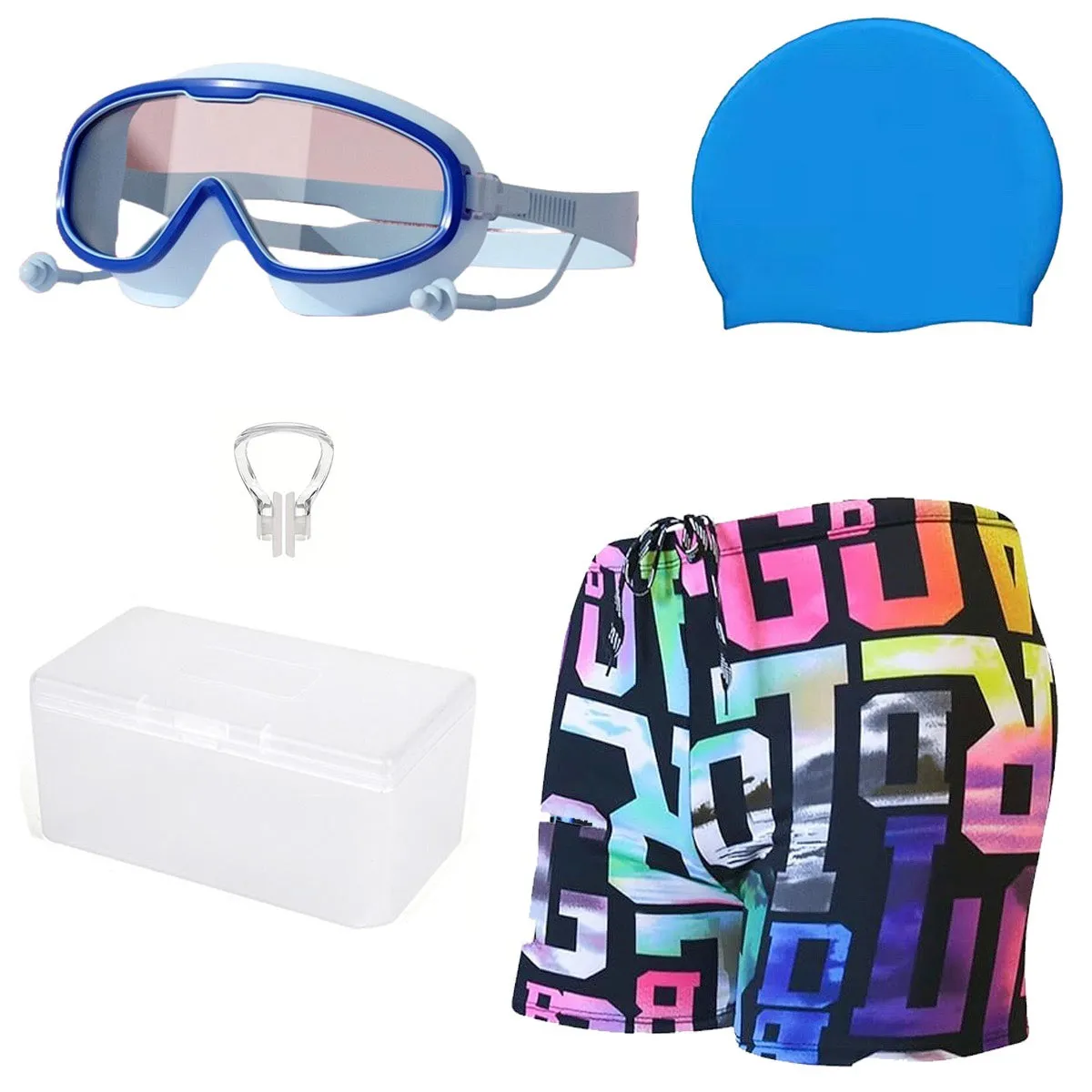 Fancydresswale Swimming Combo for boys blue- swimming trunk, cap, goggles, nose clip with box- Professional swimming gears