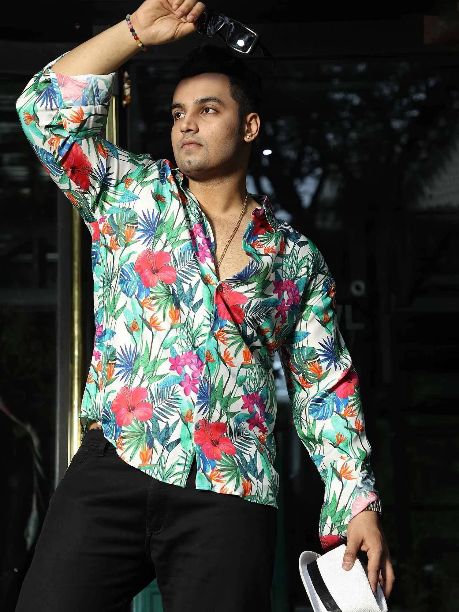 Floral Digital Printed Silk Full Shirt Men's Plus Size