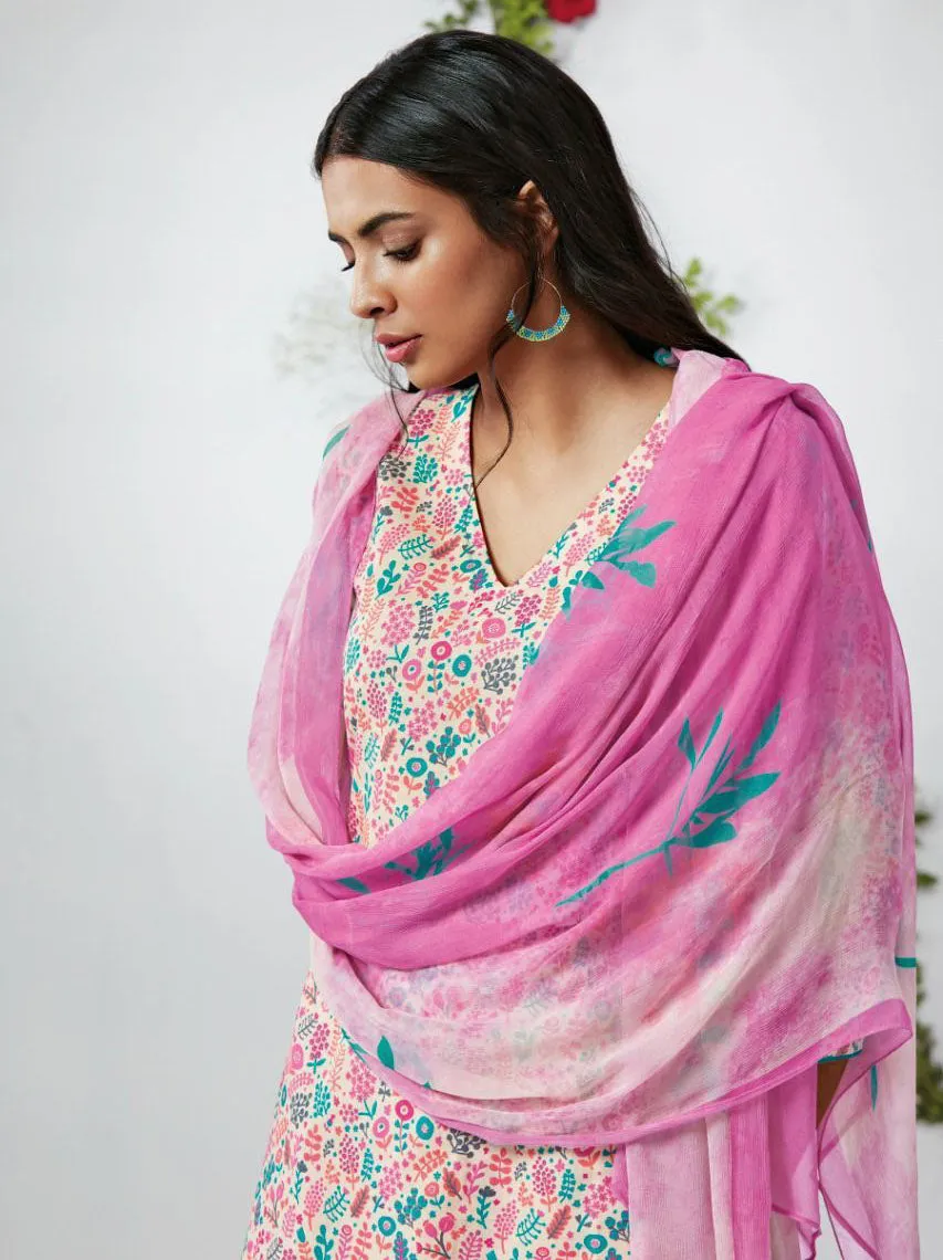 Ganga Cotton Unstitched Suit With Pink Chiffon Dupatta