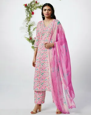 Ganga Cotton Unstitched Suit With Pink Chiffon Dupatta