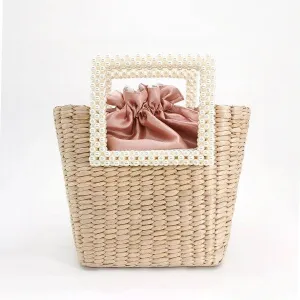 Granville Rose Pink Satin and Pearl Raffia Bag