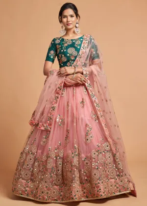 Green & Peach Stylish Embroidered A Line Lehenga Choli