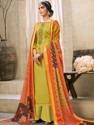 Green Cotton Embroidered Un-Stitched Palazzo Suit Set