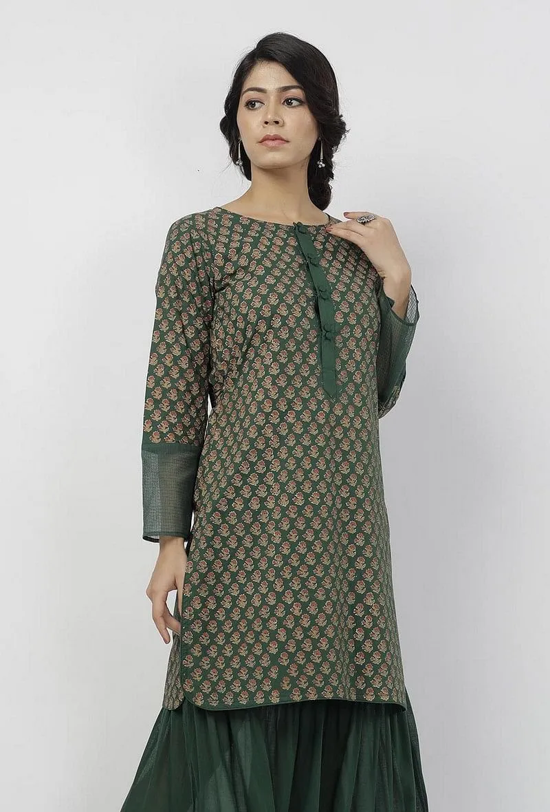 Irvin Bottle Green Floral Hand-Block Printed Cotton Short Kurta