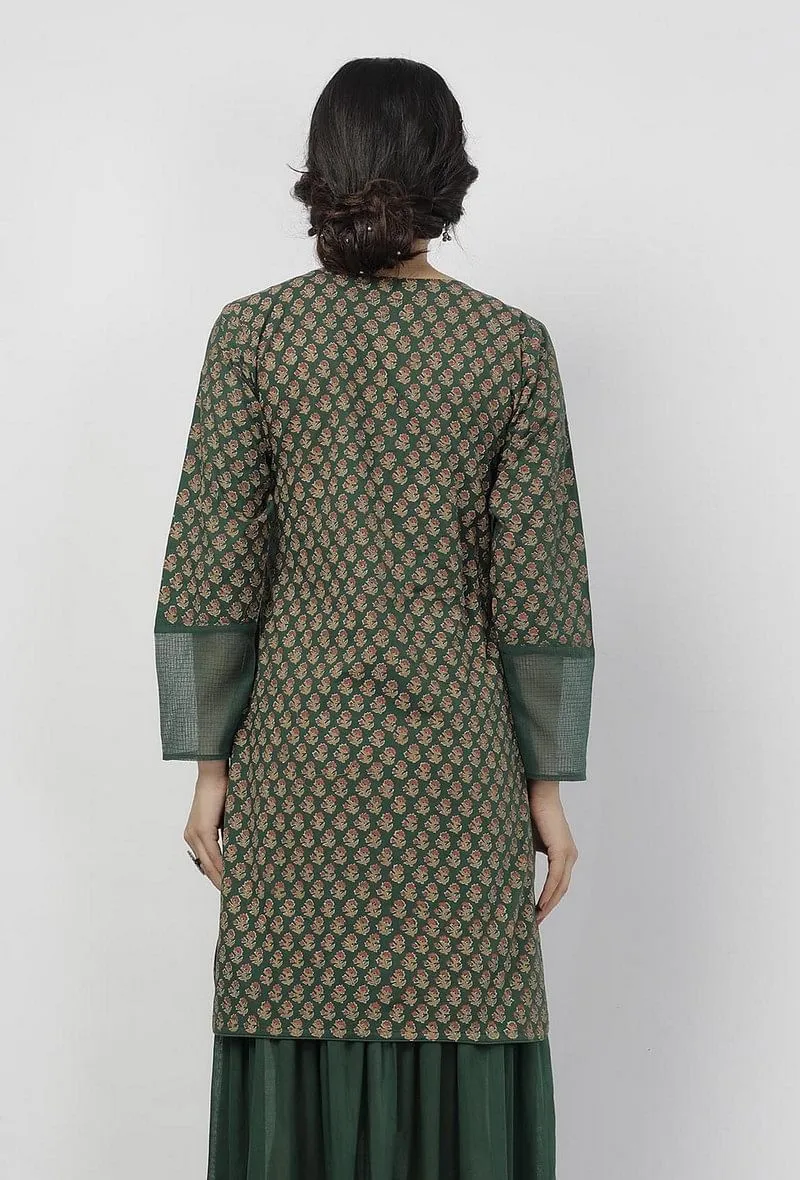 Irvin Bottle Green Floral Hand-Block Printed Cotton Short Kurta