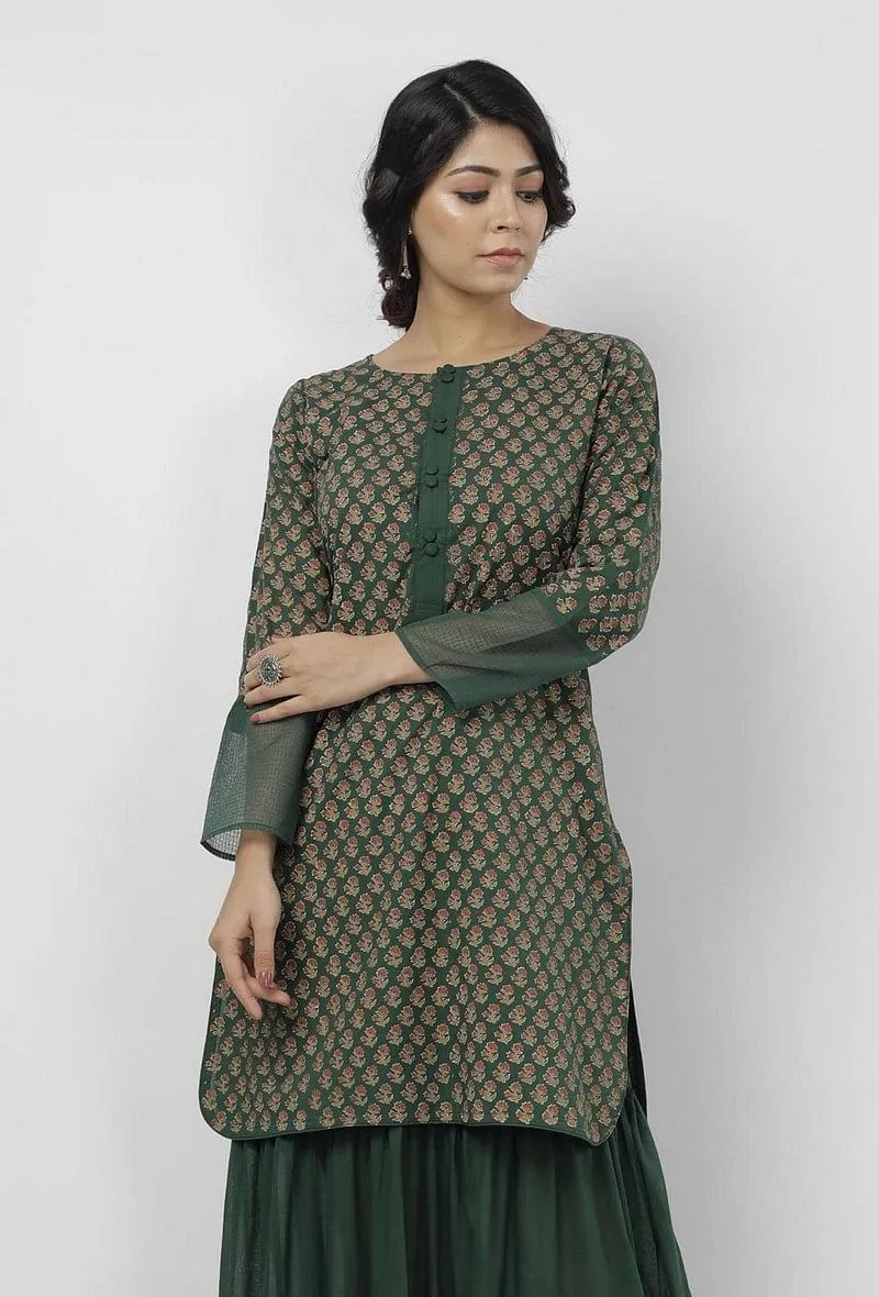 Irvin Bottle Green Floral Hand-Block Printed Cotton Short Kurta