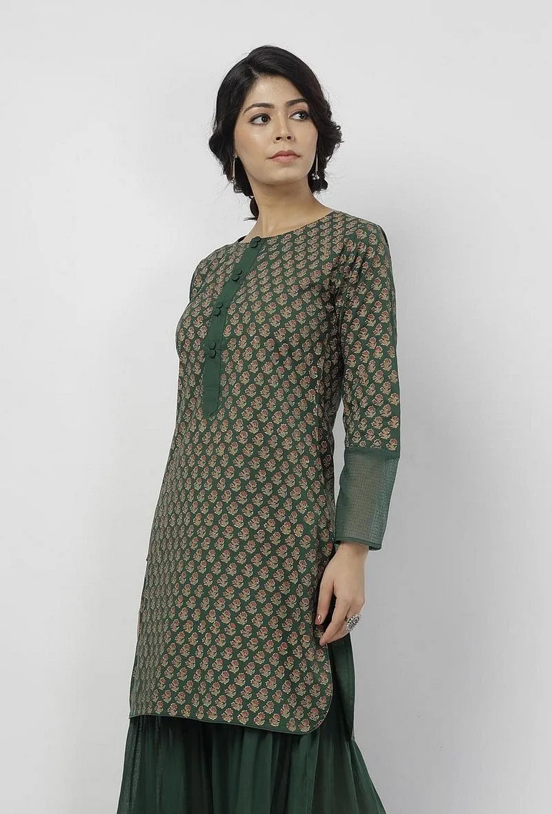 Irvin Bottle Green Floral Hand-Block Printed Cotton Short Kurta