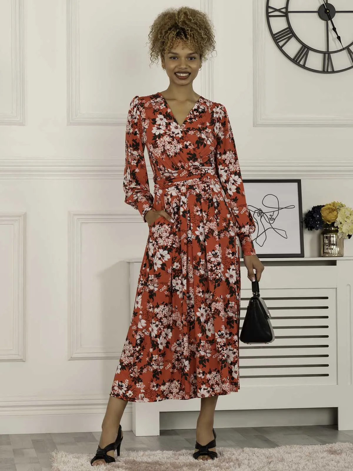 Jolie Moi Vivian Long Sleeve Dress, Red Floral