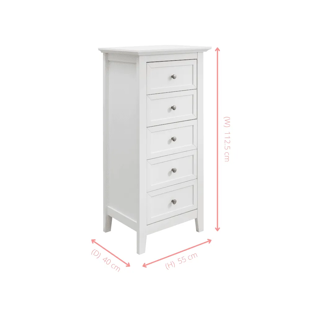 Karlstad Chest of Drawers 5 Drawer Tall in Classic White