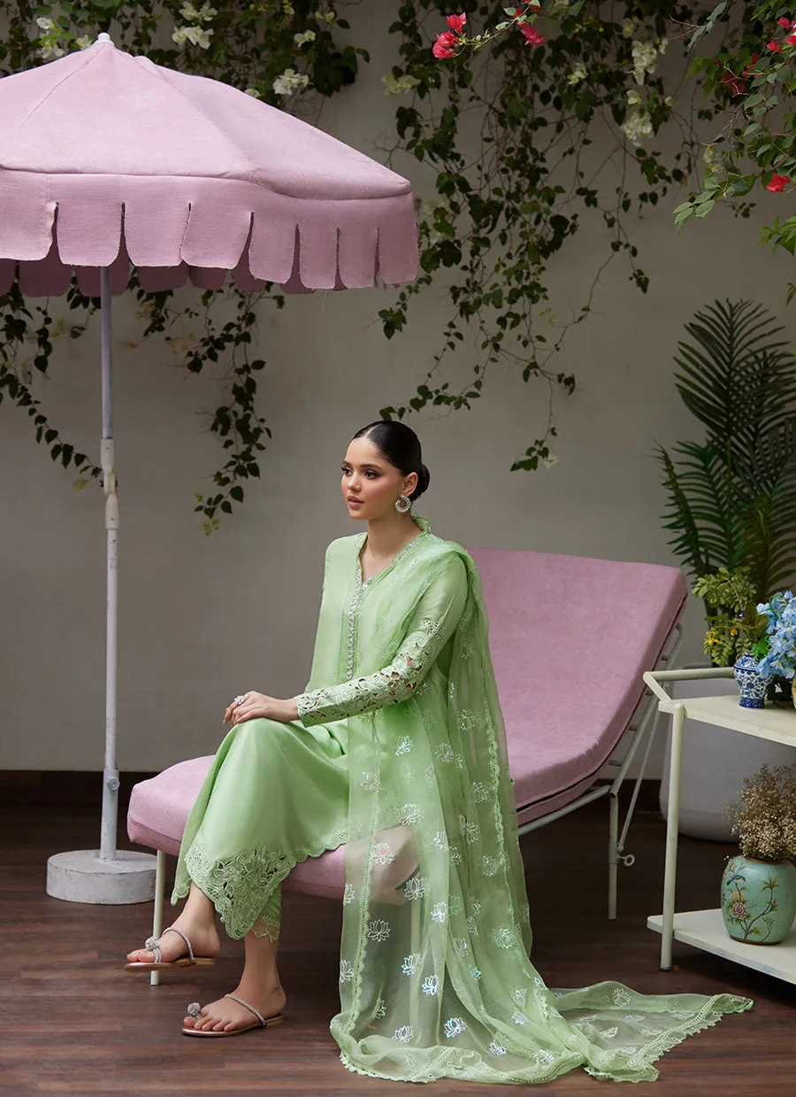 Katya Apple Green Cutwork Raw Silk Shirt with Organza Dupatta