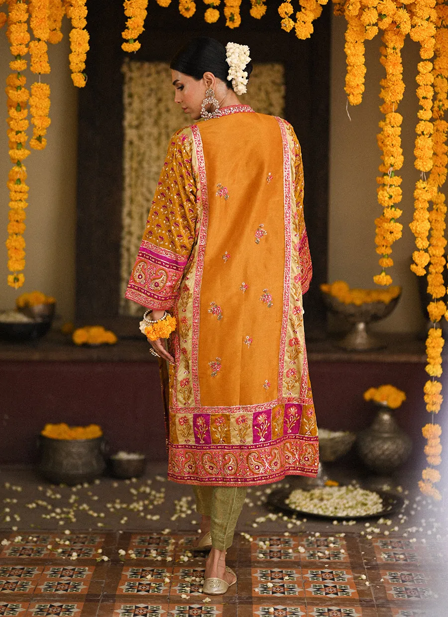 Lumi bright mustard embellished kurta and block printed dupatta