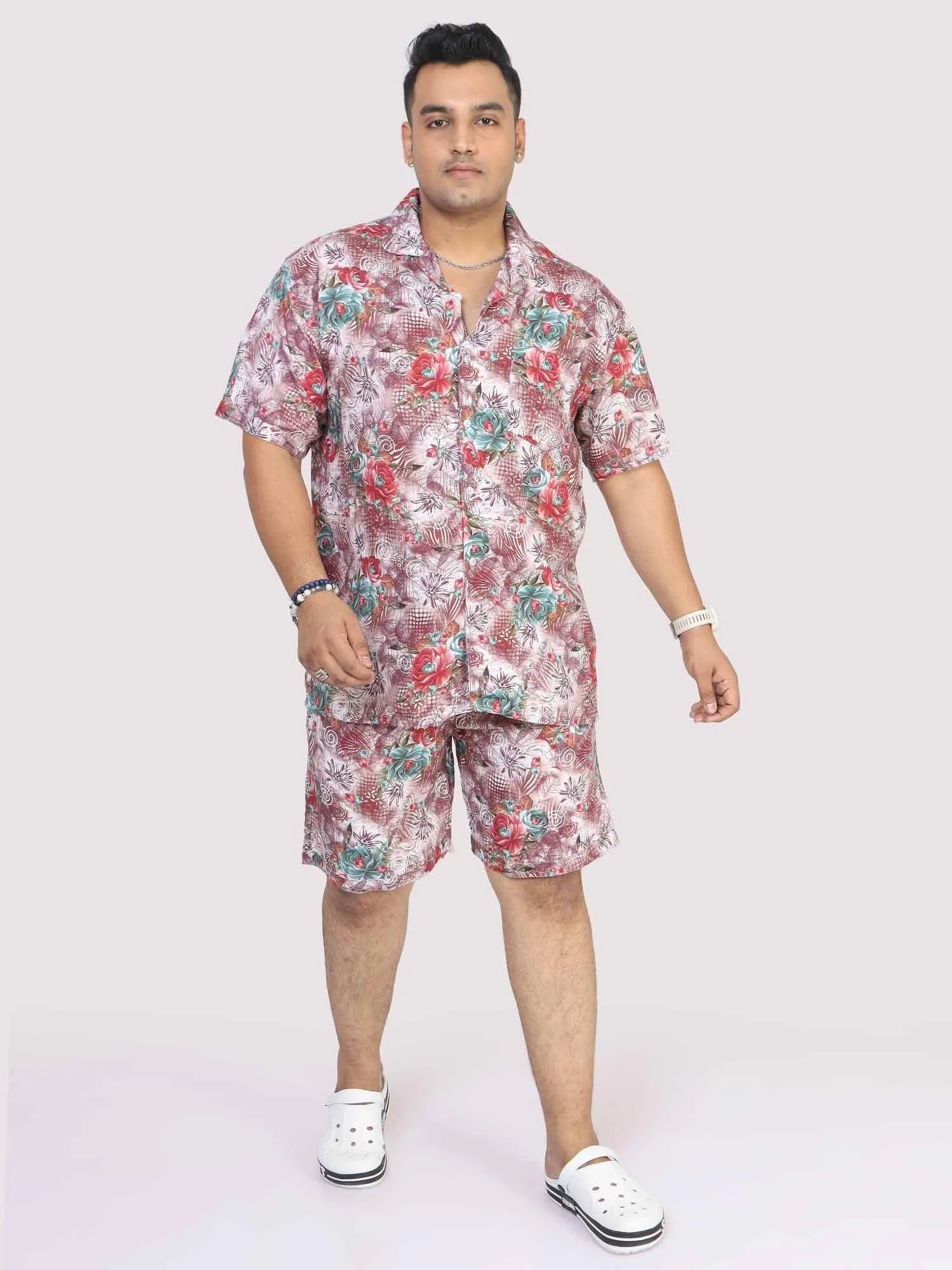 Men Plus Size Floral Abstract Printed Half Sleeve Co-Ords