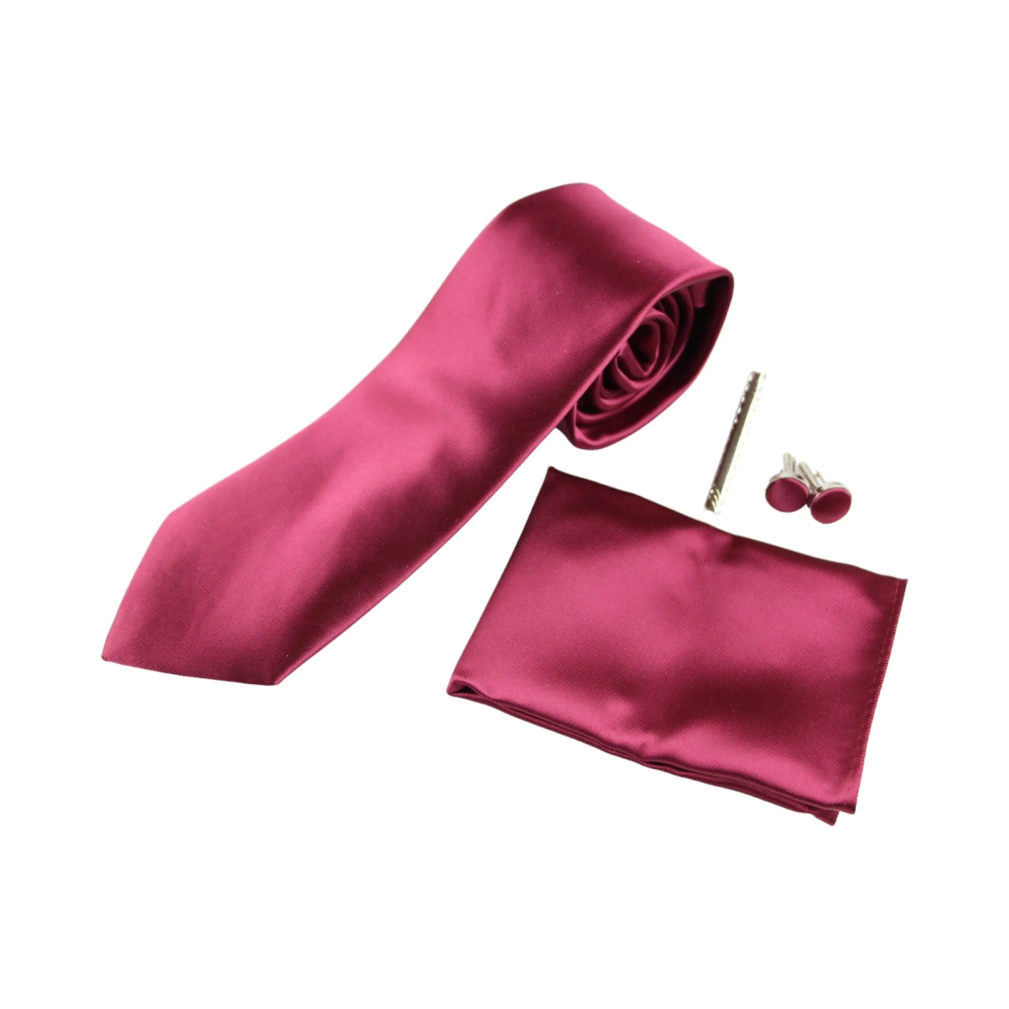 Mens Maroon Matching Neck Tie, Pocket Square, Cuff Links And Tie Clip Set