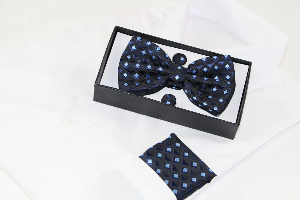 Mens Navy Diamond Matching Bow Tie, Pocket Square & Cuff Links Set