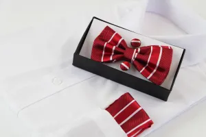 Mens Red Textured Stripe Bow Tie, Pocket Square & Cuff Links Set