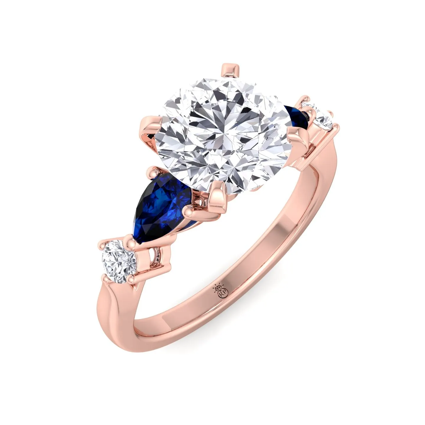 Monaca - Round Cut Engagement Ring with Blue Sapphire Pear Shape Sidestones