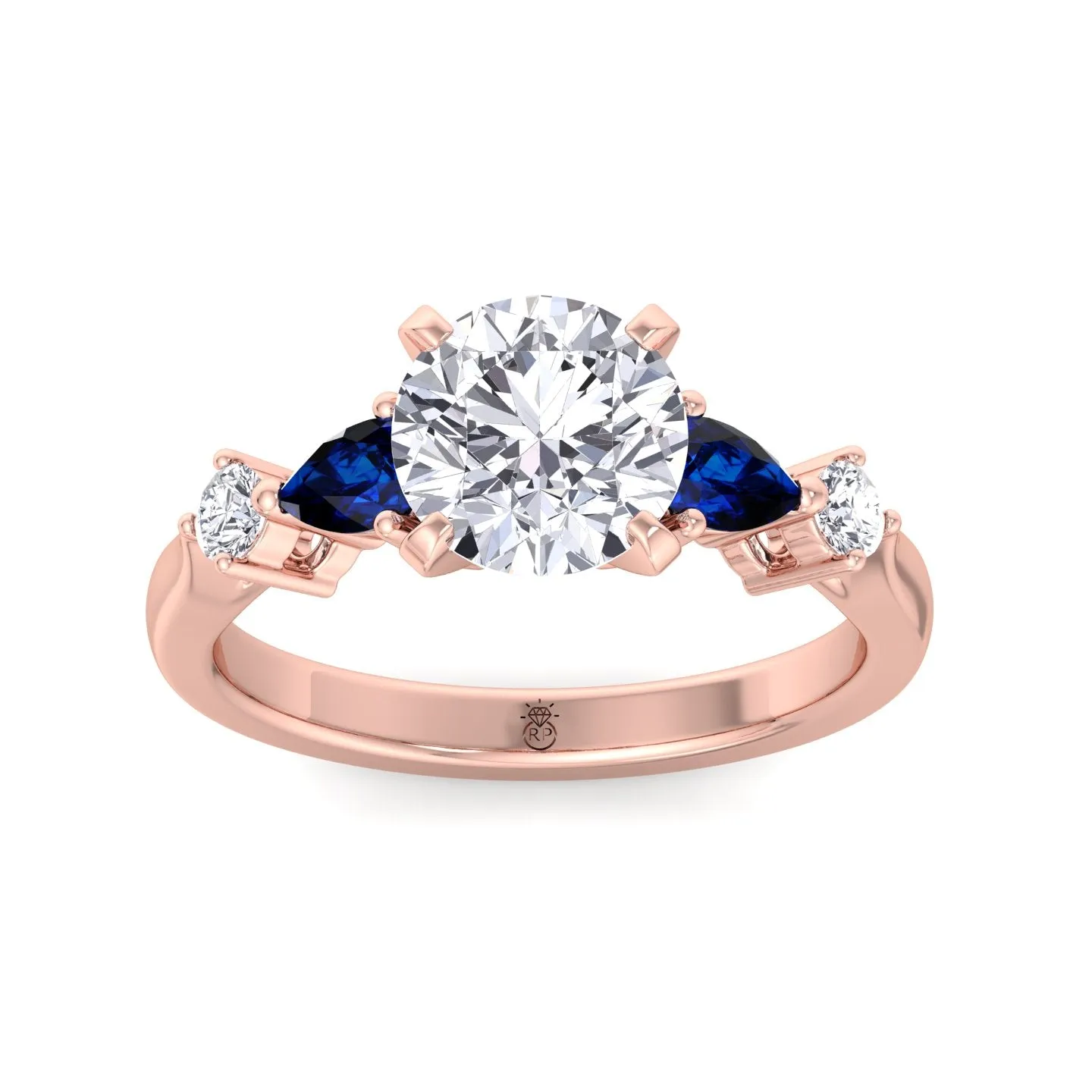 Monaca - Round Cut Engagement Ring with Blue Sapphire Pear Shape Sidestones