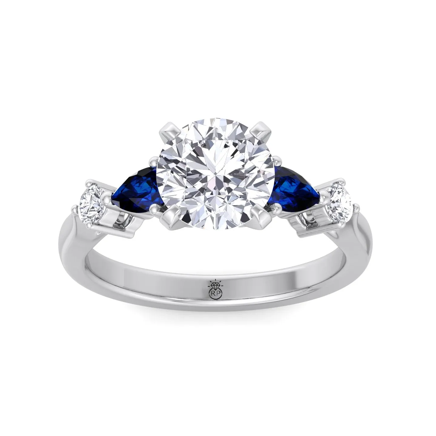 Monaca - Round Cut Engagement Ring with Blue Sapphire Pear Shape Sidestones