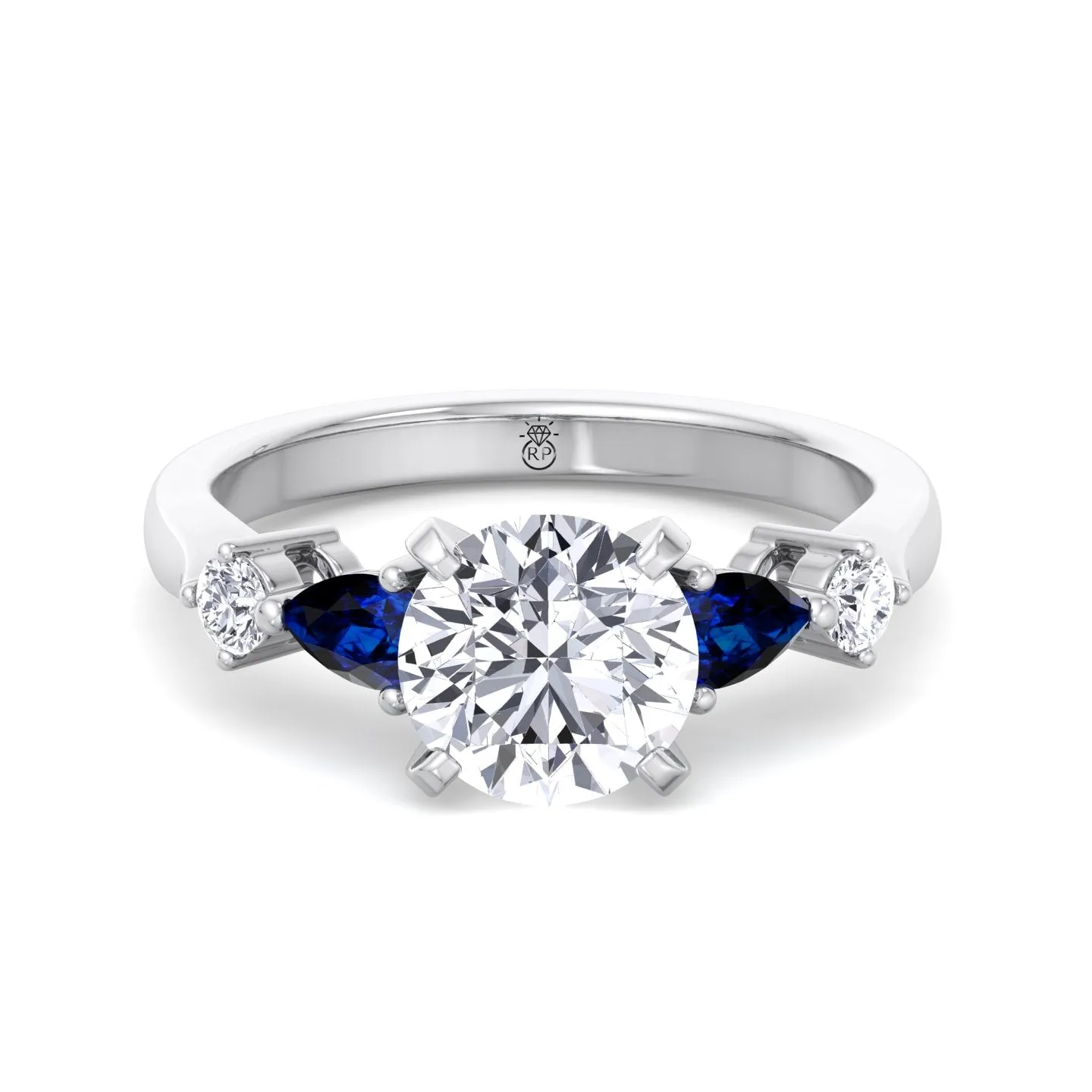 Monaca - Round Cut Engagement Ring with Blue Sapphire Pear Shape Sidestones