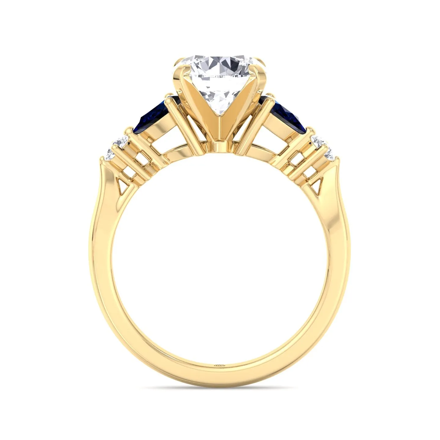 Monaca - Round Cut Engagement Ring with Blue Sapphire Pear Shape Sidestones