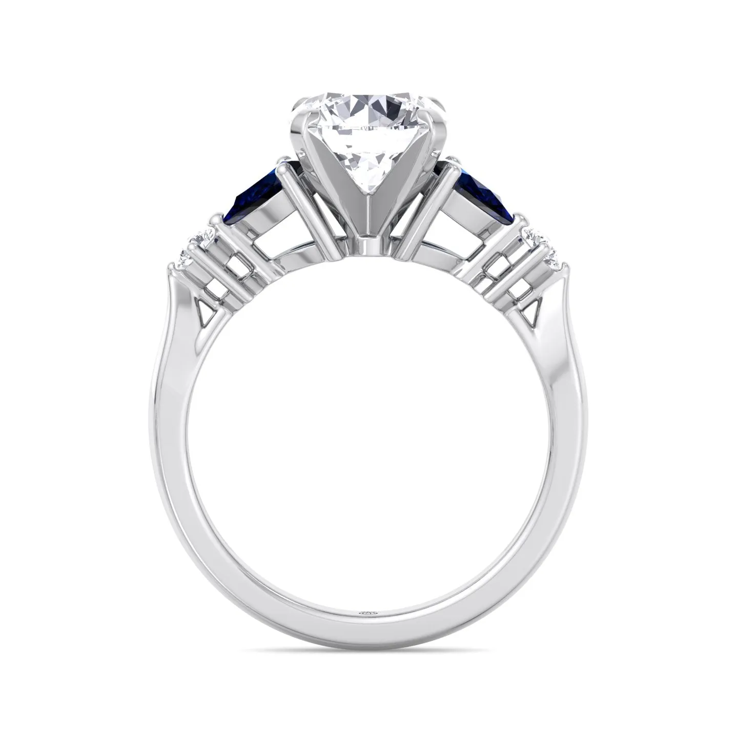 Monaca - Round Cut Engagement Ring with Blue Sapphire Pear Shape Sidestones