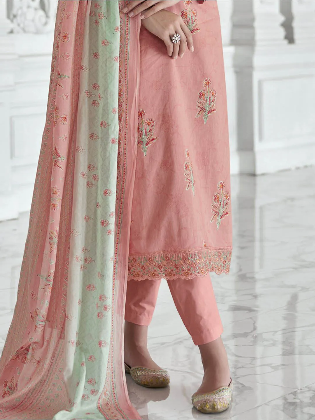 Mumtaz Arts Cotton Embroidered Unstitched Suit Set Coral