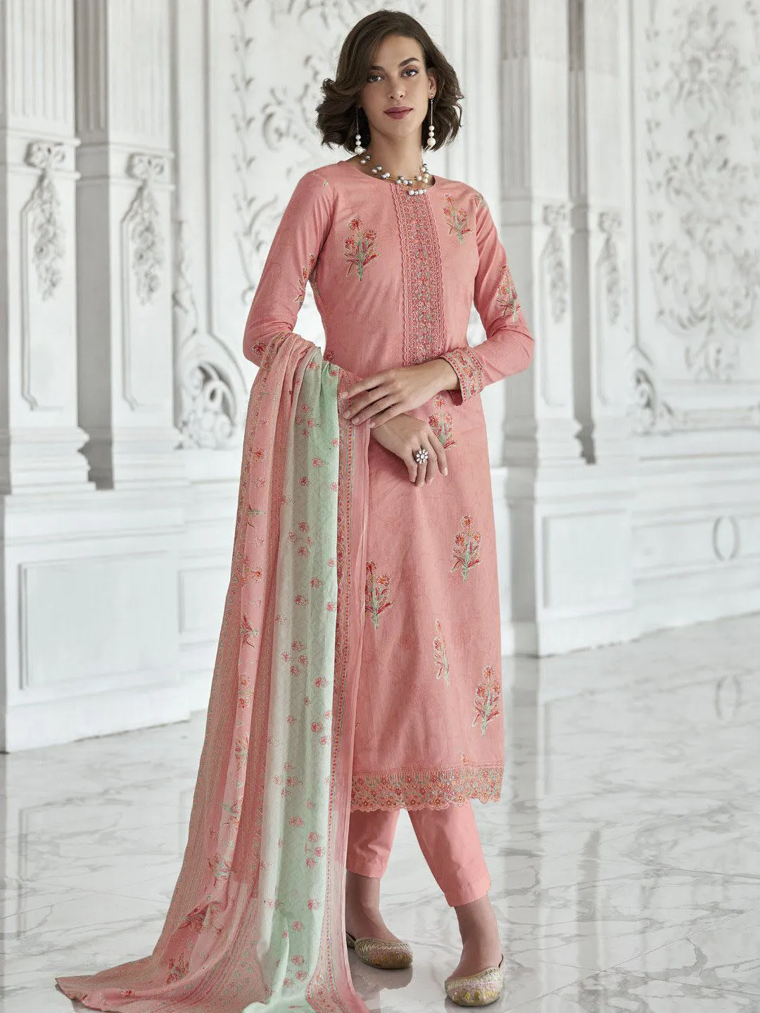 Mumtaz Arts Cotton Embroidered Unstitched Suit Set Coral