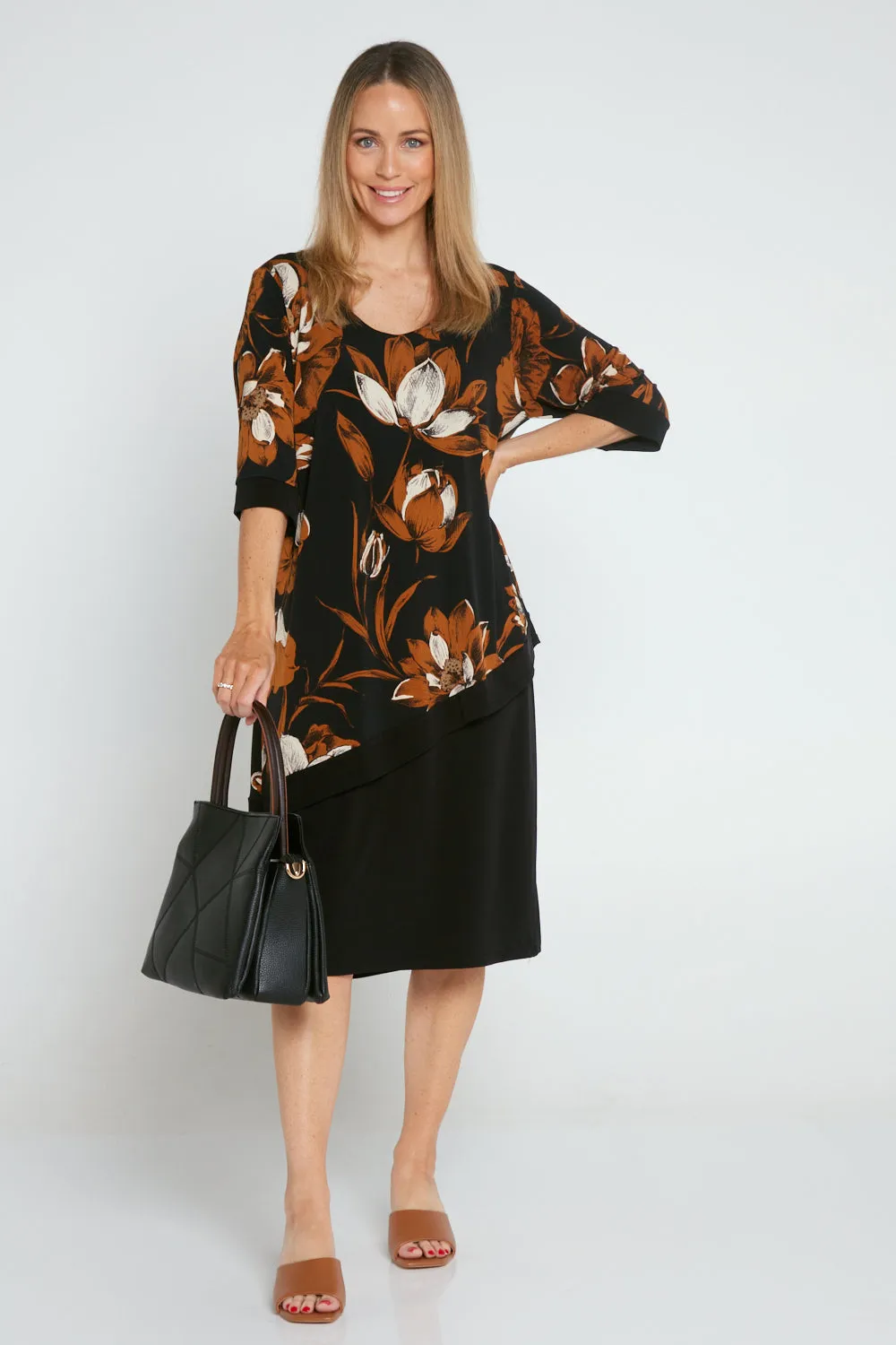 Paloma Dress - Black/Tan Botanical