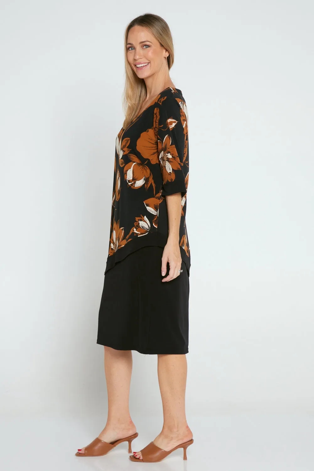 Paloma Dress - Black/Tan Botanical