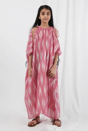 Pink Ikat Tie Up Kaftan Cotton Dress