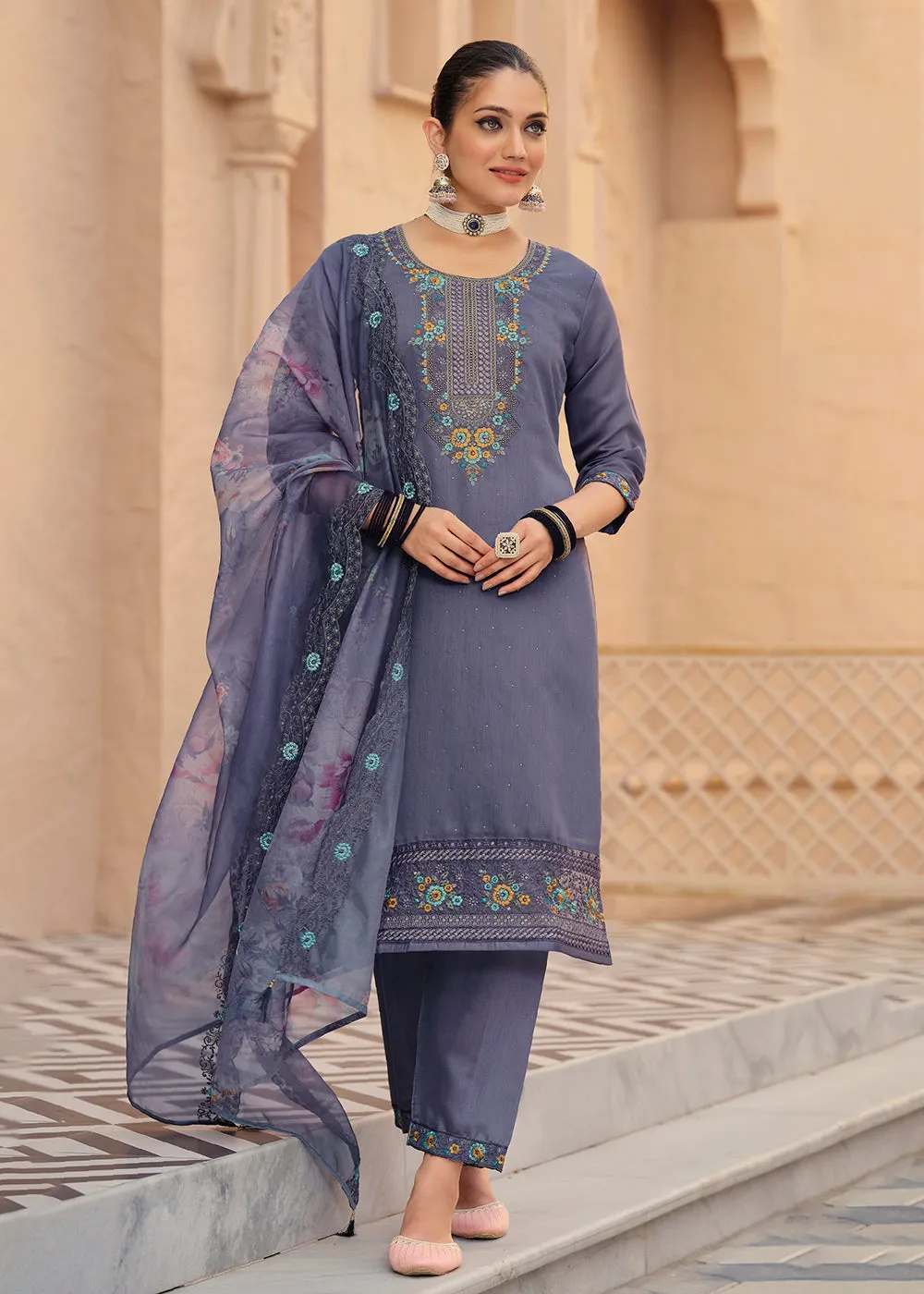 Purple Color Embroidered Silk Pant Style Salwar Suit