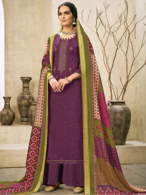 Purple Embroidered Unstitched Cotton Salwar Suit Material