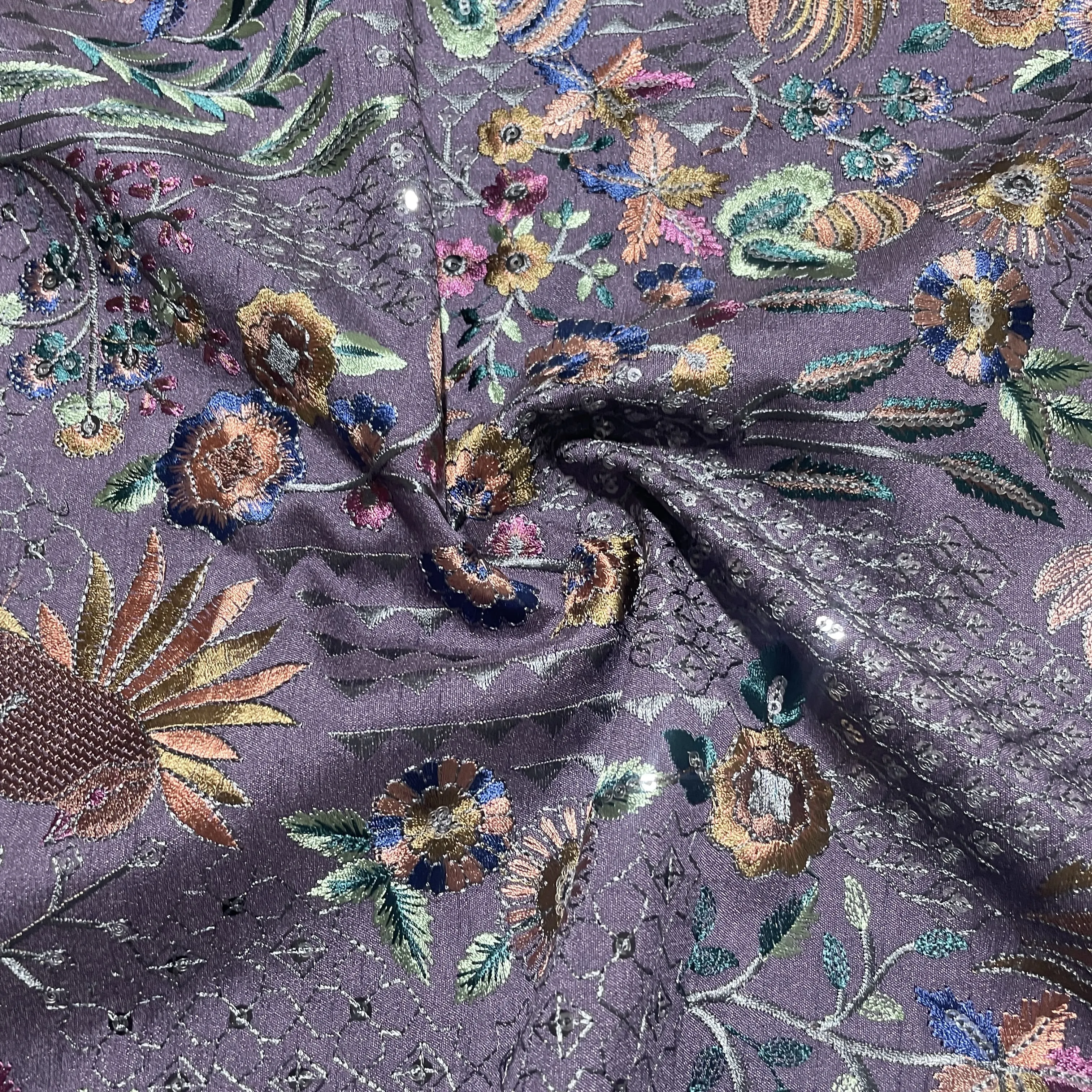 Purple Thread Embroidery Russian Silk Fabric 18451