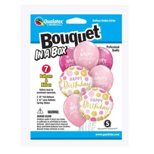 Qualatex - "Bouquet In A Box" Happy Birthday Dots Mylar & Latex Balloons - Pink & Gold (7ct)