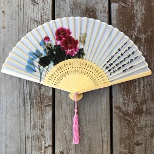 SALE - Luxury Sheer Silk Hand Fan - peony flowers