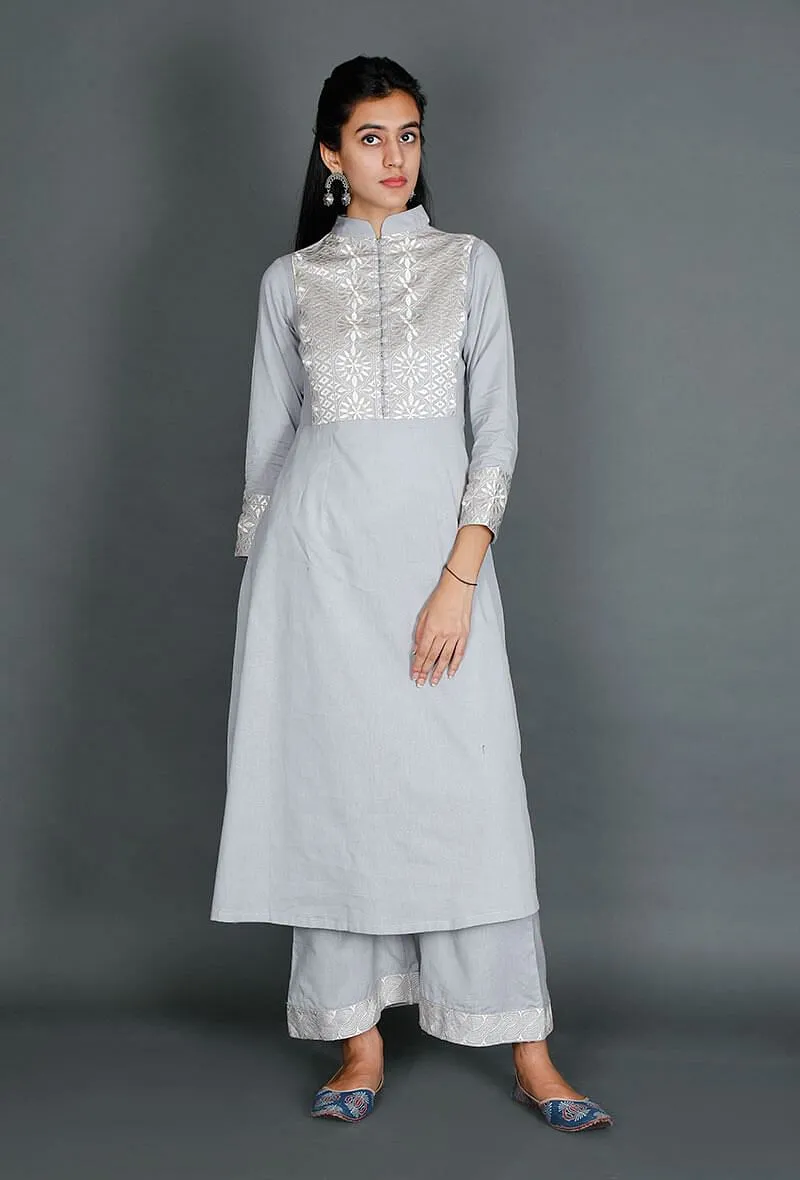 Set of 2: Grey Kurta & Pallazo With Kantha Embroidery