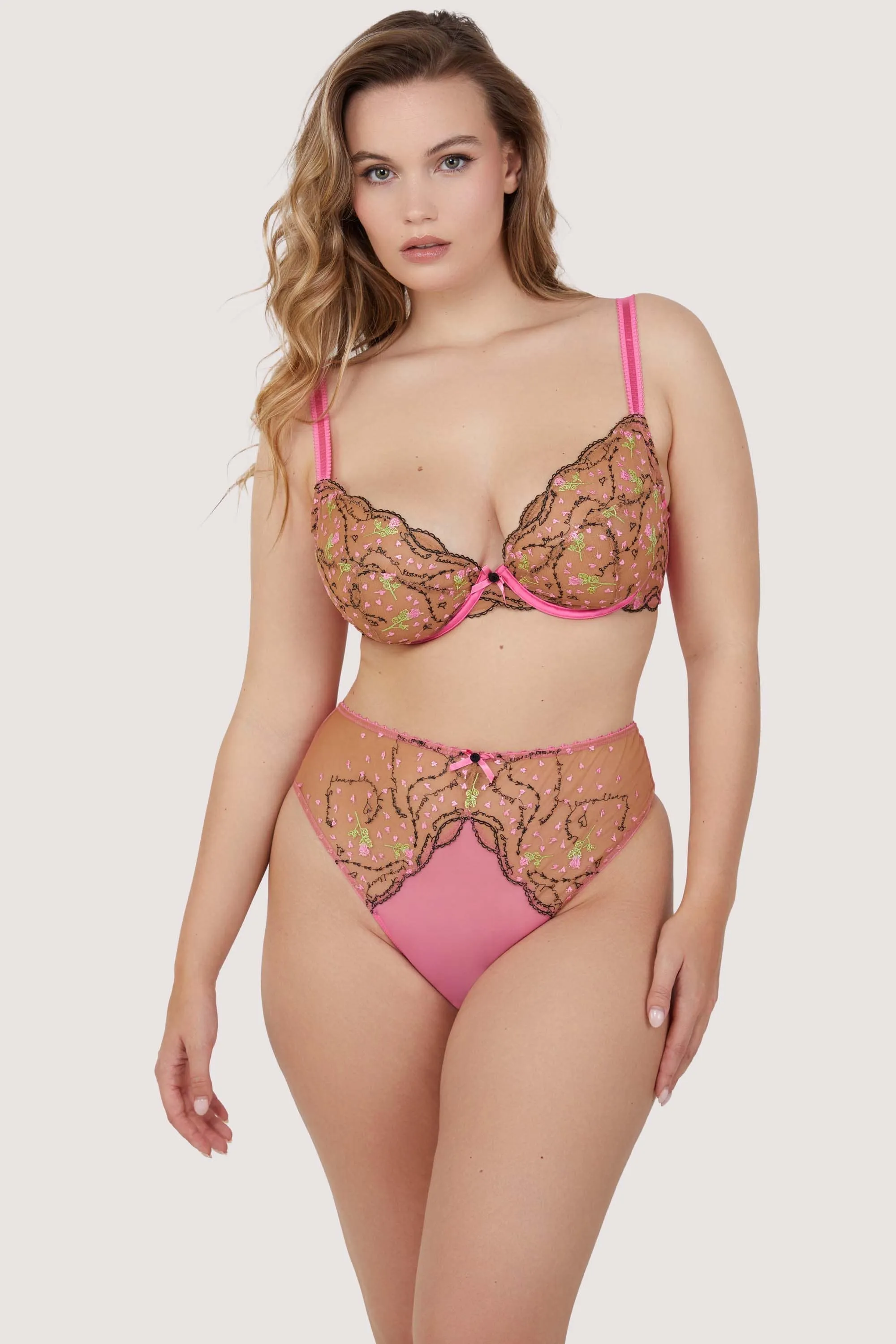 Spank Me Pink and Nude Custom Embroidery Plunge Bra