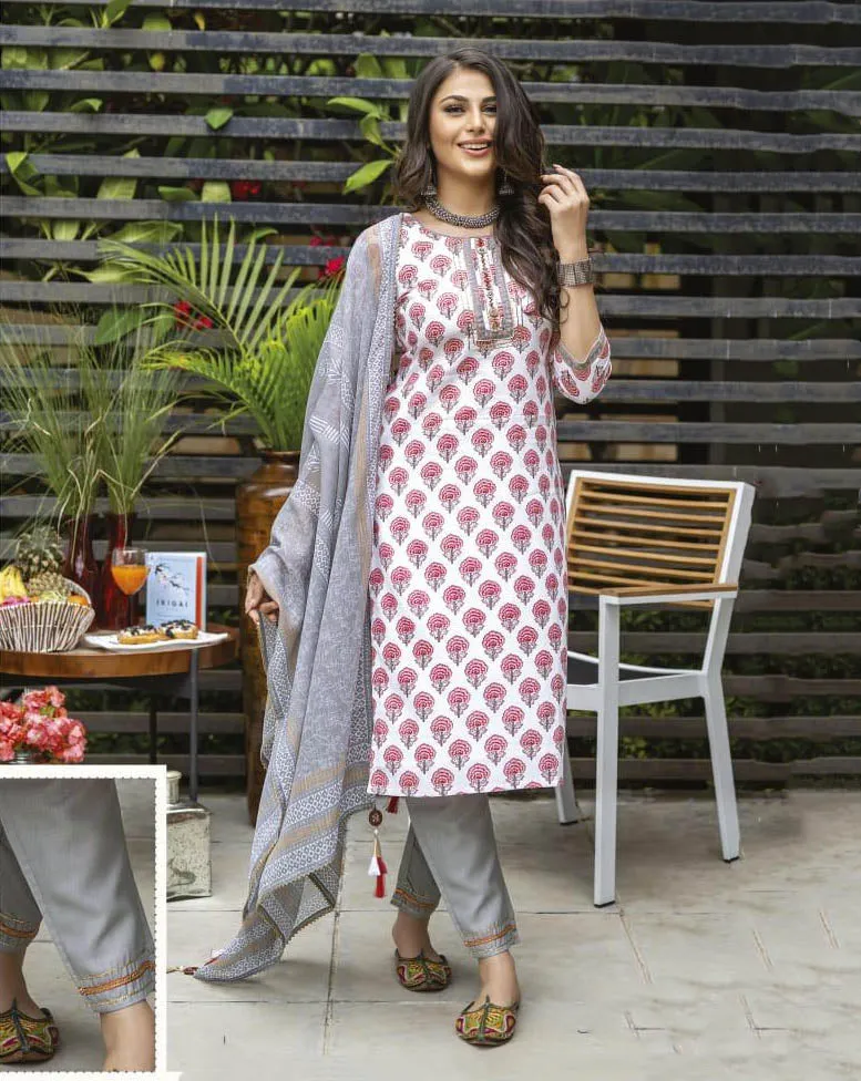 Stitched Readymade White Printed Cotton Suit Set