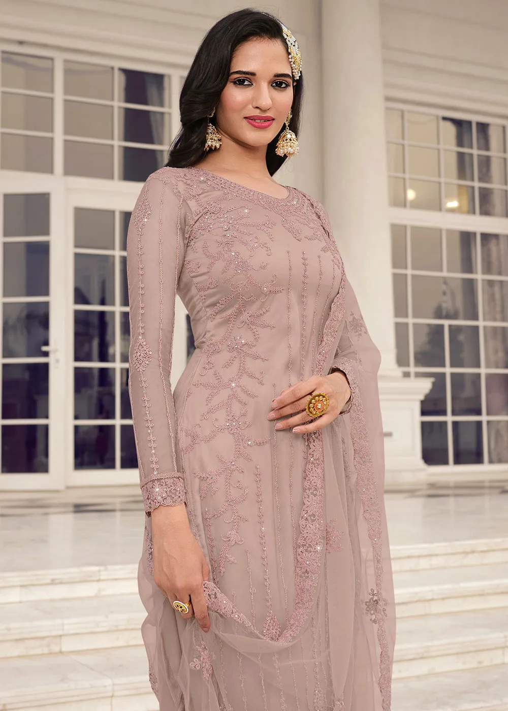 Stylish Light Mauve Embroidered Pant Style Salwar Suit