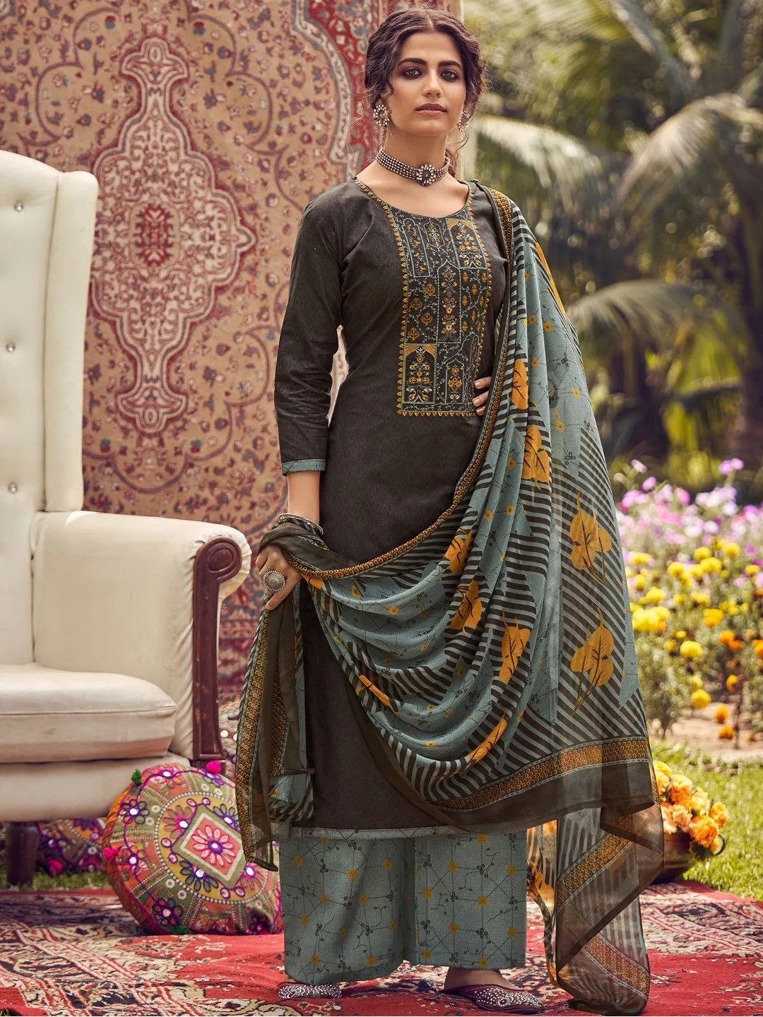 Unstitched Cotton Embroidered Brown Salwar Kameez Suit Set