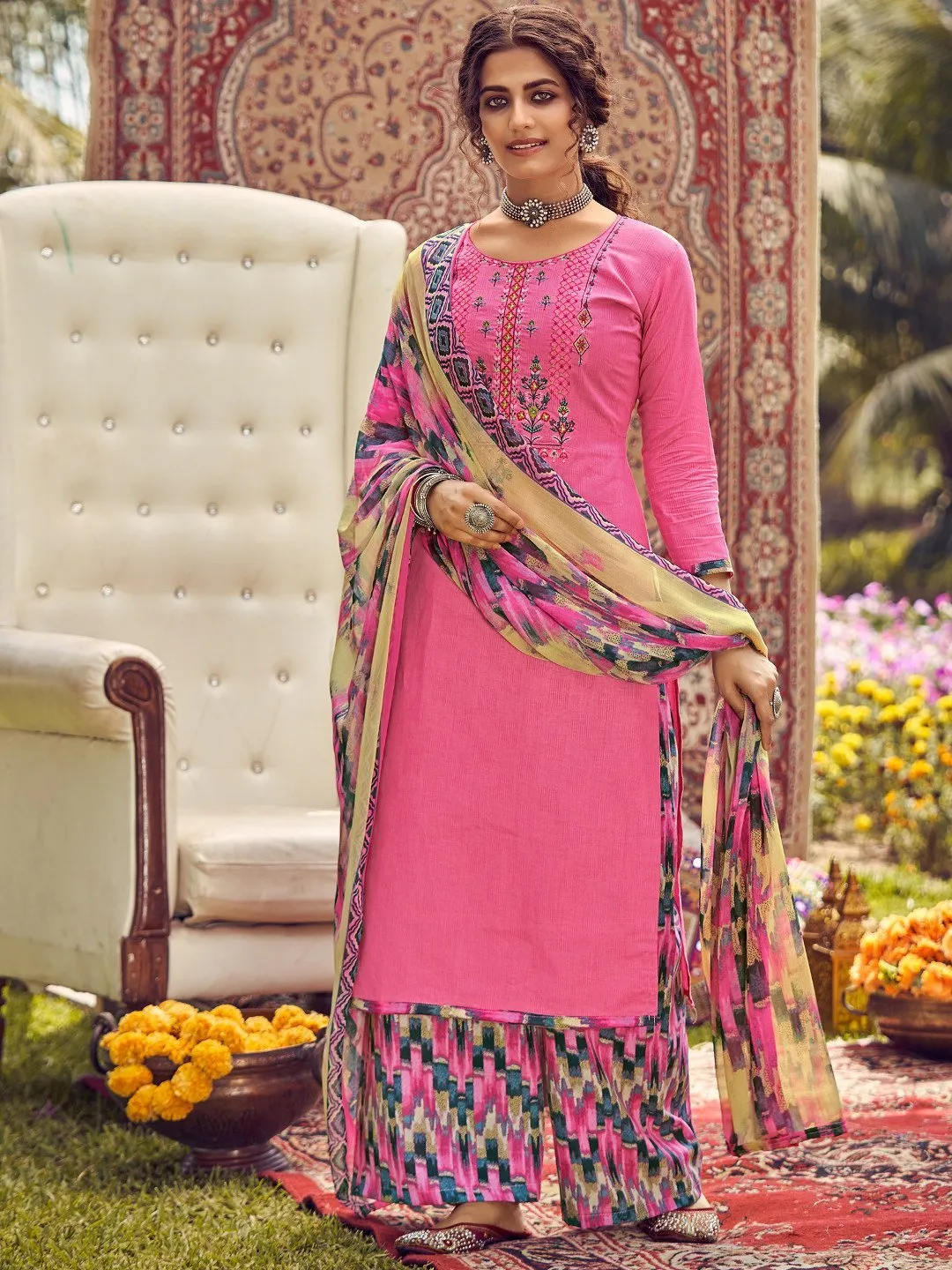 Unstitched Cotton Embroidered Pink Salwar Kameez Suit Set