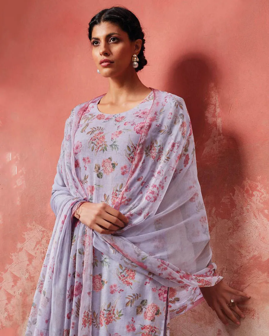 Unstitched Cotton Linen Printed Suit Set With Purple Chiffon Dupatta