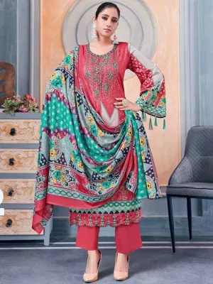 Unstitched Pakistani Print Cotton Suit Fabric with Embroidery Pink