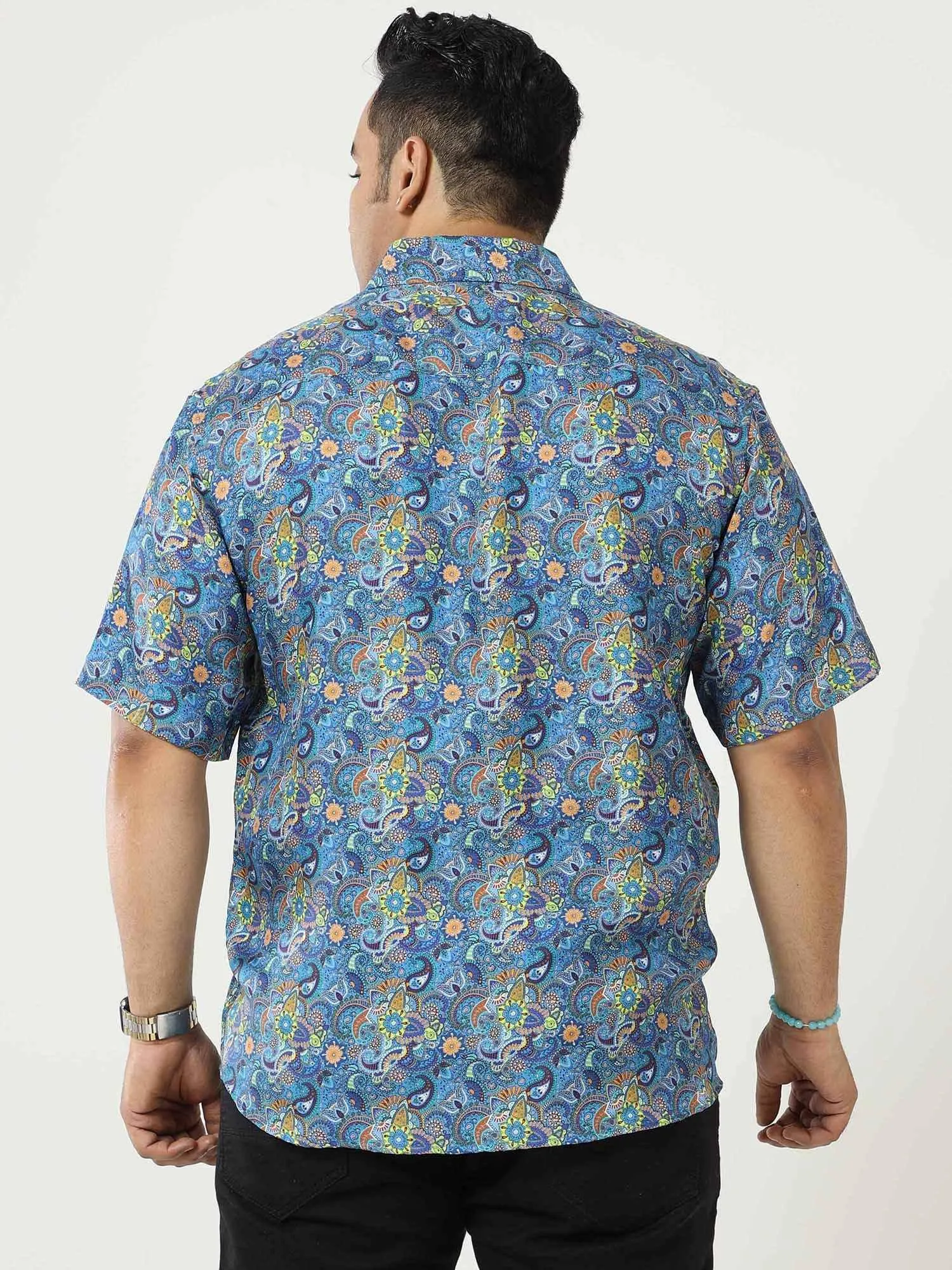 Vintage Paisley Printed Silk Half Shirt Men's Plus Size