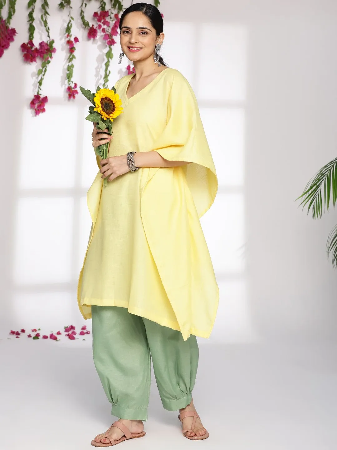 Yellow CottonSlub Kaftan & SageGreen AfghaniSalwar